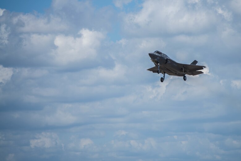 The F-35B Lighting II flies over MacDill Air Force Base Fla. Tuesday April 4, 2018. The purpose of the visit was to inform CENTCOM senior leaders of the capabilities of the aircraft and how it meets the demands of the complex CENTCOM environment.