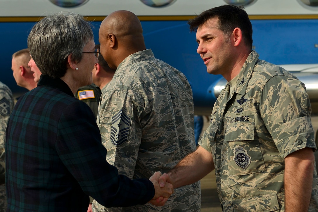 U.S. Air Force Reserve Col. Christopher Lay, 913th Airlift Group commander, greets Secretary of the Air Force Heather Wilson upon her arrival at Little Rock Air Force Base, Ark., March 26, 2018. Wilson spent time at the Air Force’s largest C-130 base in the world speaking about her priorities, which included enhancing readiness, innovation efforts and squadron revitalization. (U.S. Air Force photo by Airman 1st Class Codie Collins)
