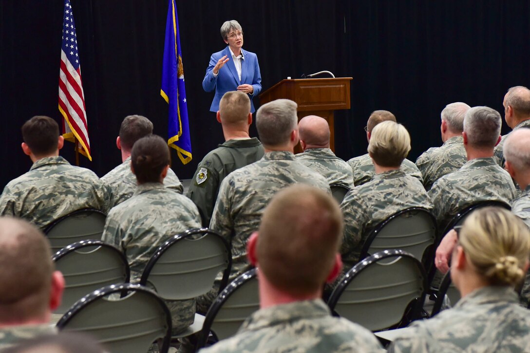 Secretary of the Air Force Heather Wilson speaks with Airmen during an all call at Little Rock Air Force Base, Ark., March 26, 2018. Wilson spent time at the Air Force’s largest C-130 base in the world speaking about her priorities, which included enhancing readiness, innovation efforts and squadron revitalization. (U.S. Air Force photo by Airman 1st Class Rhett Isbell)