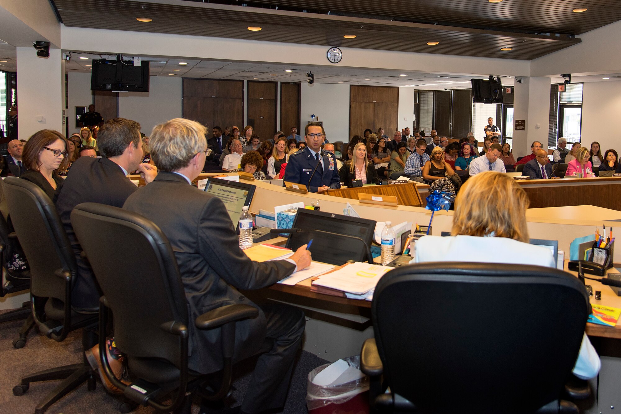 U.S. Air Force Col. Troy Pananon, vice commander of the 6th Air Mobility Wing, addresses the Hillsborough County Public School Board during their meeting April 3, 2018. Pananon spoke on the creation of the MacDill Council for Education Excellence and how it helps military families transition and overcome challenges they may often face.