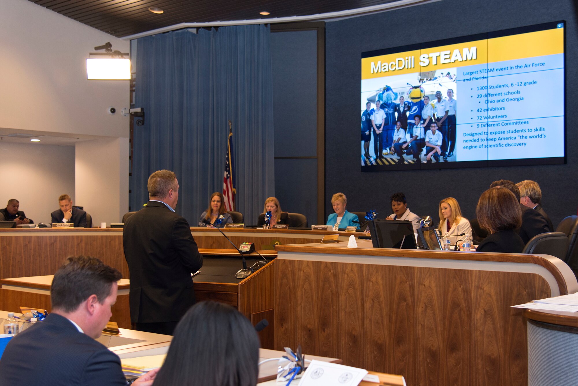 Terry Montrose, chief of community engagement at MacDill, addresses the Hillsborough County Public School Board during their meeting April 3, 2018. Montrose spoke on the merits of hosting the largest Science, Technology, Engineering, Art and Mathematics Day in the Air Force.