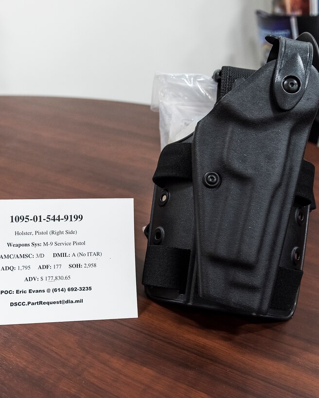 1095-01-544-9199 
Holster, Pistol (Right Side)
Weapons Sys: M9 Service Pistol
AMC/AMSC: 3/D - DMIL: A (No ITAR)
ADQ: 1,795 - ADF: 177 - SOH: 2,958
ADV: $177,830.65
DSCC.PartRequest@dla.mil