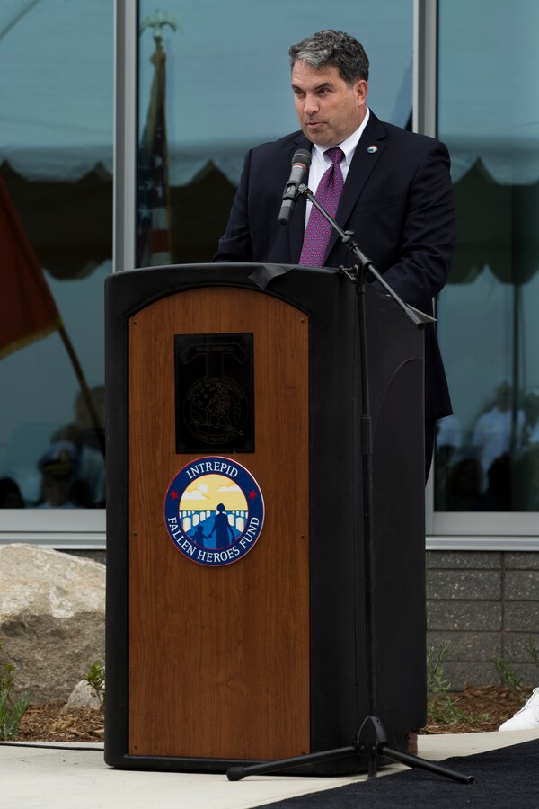 U.S. Marine Corps retiree Maj. Sean Taylor, an honorary co-chairman of the Intrepid Fallen Heroes Fund, addresses the audience during the ribbon cutting ceremony of the Intrepid Spirt Center on Camp Pendleton, Calif., April 4, 2018. The Intrepid Spirt Center will work together with Naval Hospital Camp Pendleton to treat traumatic brain, physical and psychological injuries. This location is one of nine centers being opened nationwide. (U.S. Marine Corps photo by Lance Cpl. Betzabeth Y. Galvan)