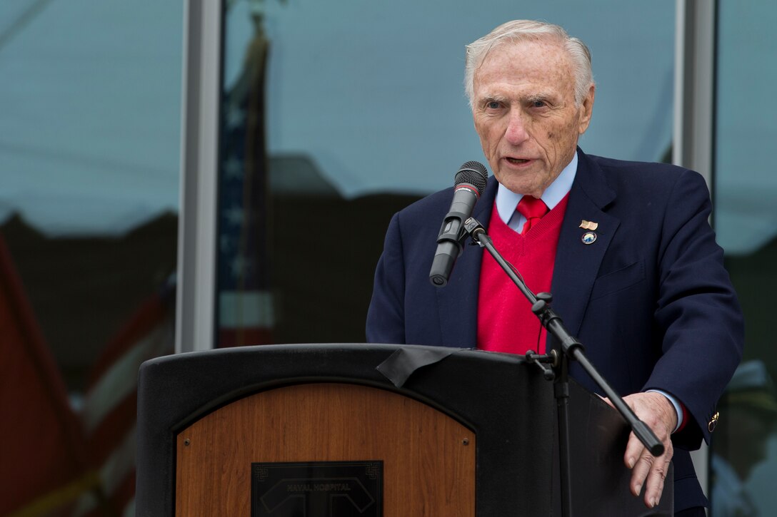 Mr. Arnold Fisher, the honorary chairman of the Intrepid Fallen Heroes Fund, addresses the audience during the ribbon cutting ceremony of the Intrepid Spirt Center on Camp Pendleton, Calif., April 4, 2018. The Intrepid Spirt Center will work together with Naval Hospital Camp Pendleton to treat traumatic brain, physical and psychological injuries. This location is one of nine centers being opened nationwide. (U.S. Marine Corps photo by Lance Cpl. Betzabeth Y. Galvan)