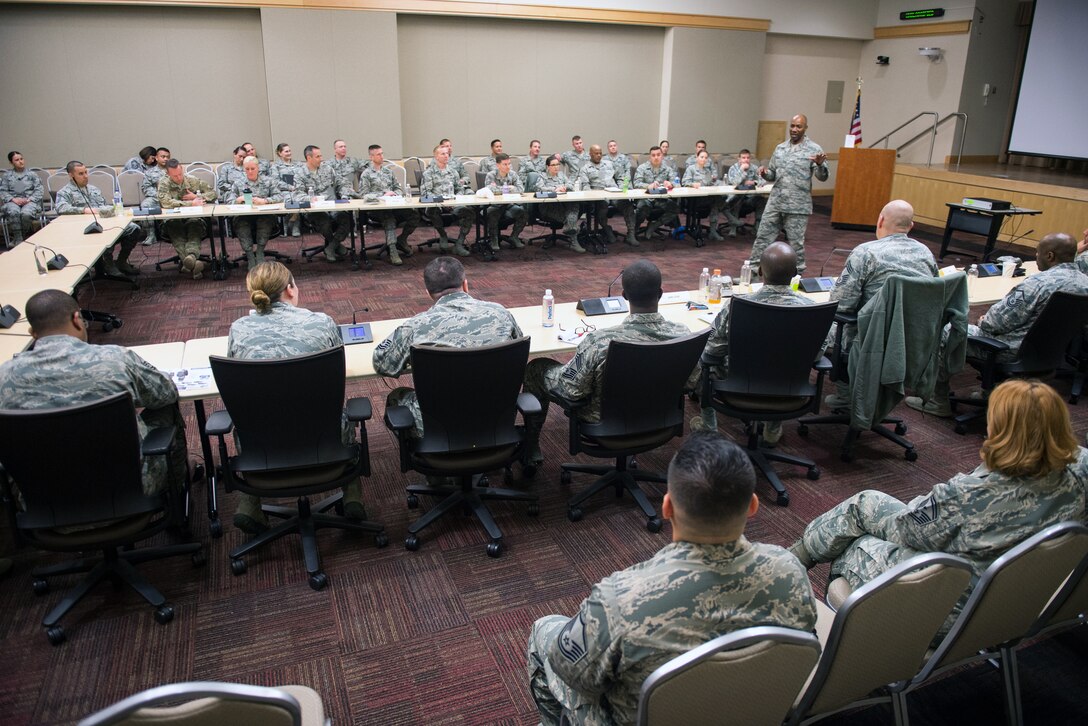 Chief Master Sgt. of the Air Force Kaleth O. Wright speaks to personnel attending an Air Force Element Senior Enlisted Leader Conference at the Pentagon, April 4, 2018. (DoD Photo by U.S. Army Sgt. James K. McCann)