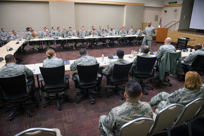Chief Master Sgt. of the Air Force Kaleth O. Wright speaks to personnel attending an Air Force Element Senior Enlisted Leader Conference at the Pentagon, April 4, 2018. (DoD Photo by U.S. Army Sgt. James K. McCann)