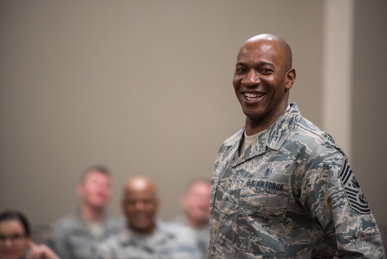Chief Master Sgt. of the Air Force Kaleth O. Wright speaks to personnel attending an Air Force Element Senior Enlisted Leader Conference at the Pentagon, April 4, 2018. (DoD Photo by U.S. Army Sgt. James K. McCann)