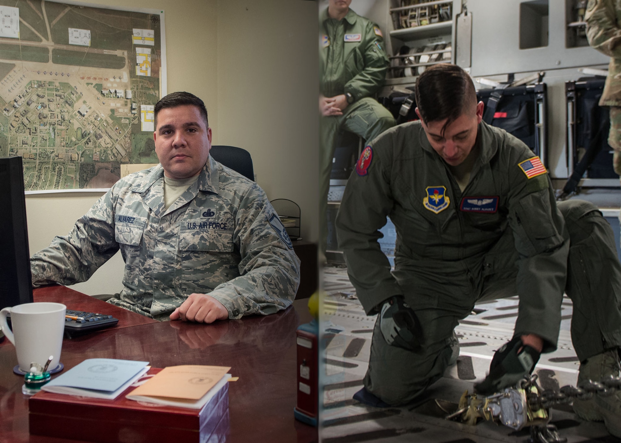 Master Sgt. Andres Alvarez (left), fuels operation section chief assigned to the 97 Logistics Readiness Squadron, and his brother Staff Sgt. Robert Alvarez, a loadmaster assigned to the 58th Airlift Squadron, work in their own respective workplaces at Altus Air Force Base, Okla.