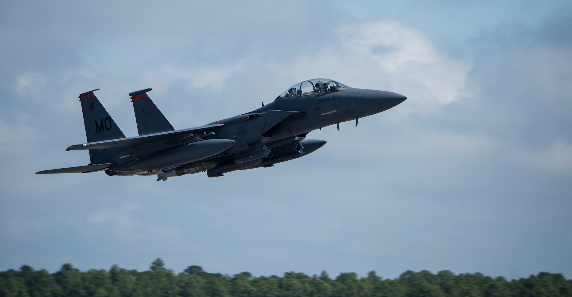 Image of an F-15E Strike Eagle taking off from Tyndall Air Force Base, Florida, April 3, 2018. The 391st Fighter Squadron recently traveled to Florida to participate in Combat Archer and Hammer. (U.S. Air Force photo by Staff Sgt Jeremy L. Mosier)
