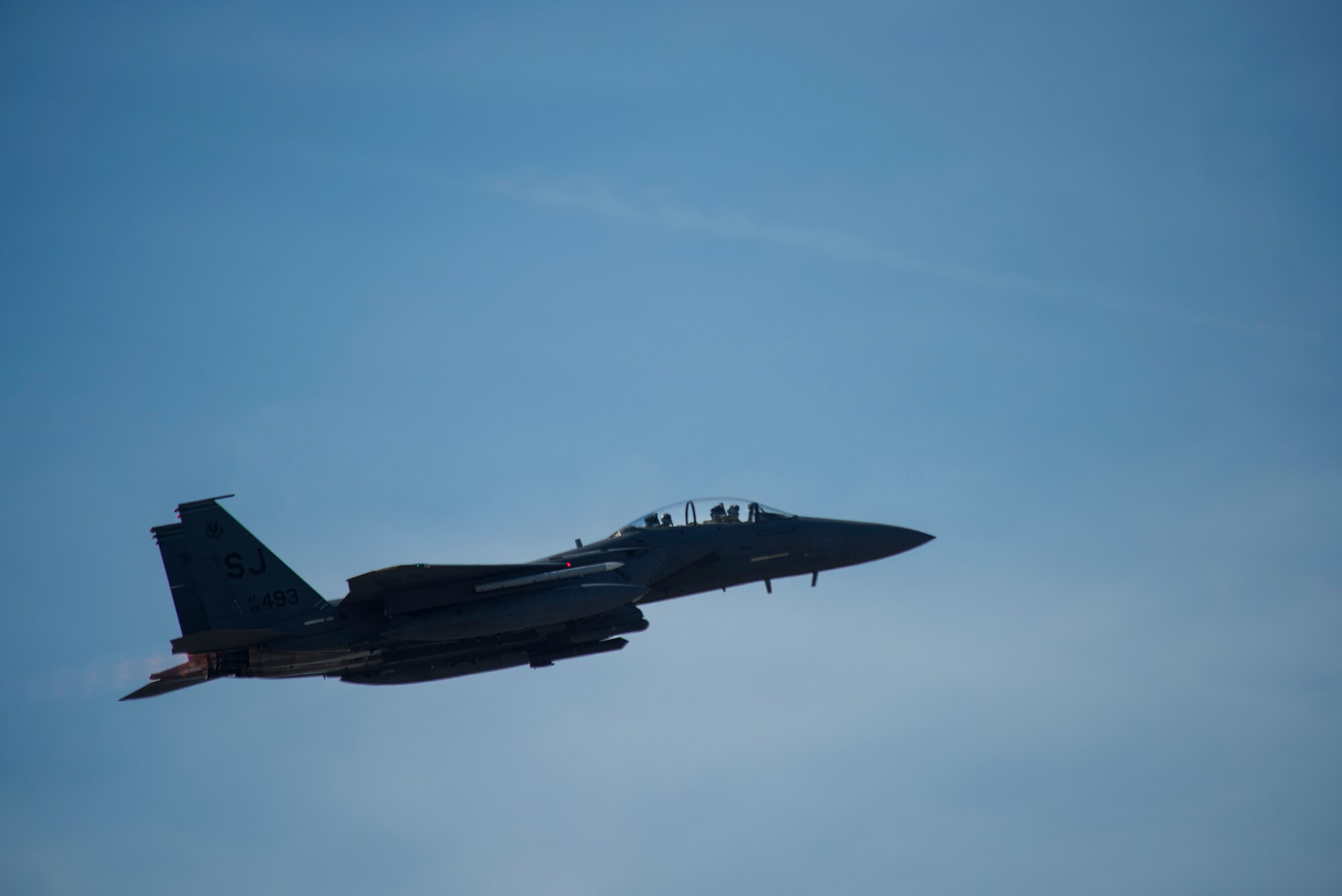 An F-15E Strike Eagle from the 335th Fighter Squadron takes off to participate in Razor Talon, April 6, 2018, at Seymour Johnson Air Force Base, North Carolina.