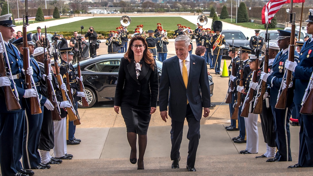 Defense Secretary James N. Mattis walks up steps leading to the Pentagon with Slovenian Defense Minister Andreja Katič.