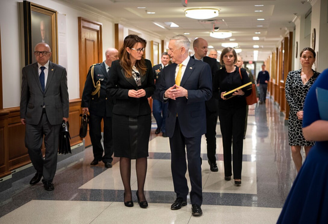 Defense Secretary James N. Mattis hosts Slovenian Minister of Defense Andreja Katič at the Pentagon in Washington, D.C., April 6, 2018. DoD photo by Tech Sgt. Vernon Young Jr.