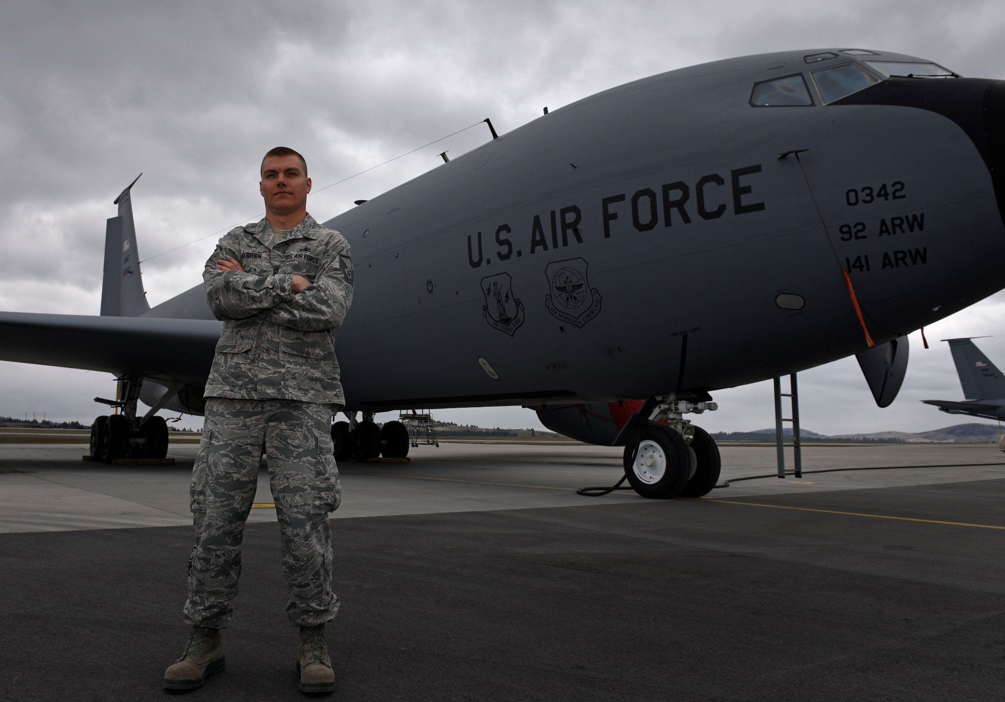 Master Sgt. Joshua O’Brien, 92nd Aircraft Maintenance Squadron section chief, poses for a photo at Fairchild Air Force Base, Wash., April 4, 2018. O’Brien was out walking with his family around Medical Lake when he noticed two young girls fall through the ice. O’Brien immediately jumped into action, diving into the frigid water and pulling the children to safety. (U.S. Air Force photo by Airman 1st Class Jesenia Landaverde)