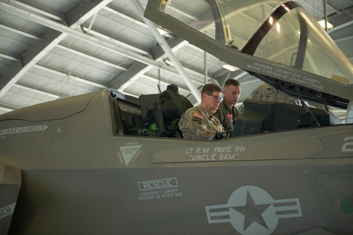 Lt. Col. Chad Vaughn, an F-35B Lightning II pilot stationed at Marine Aircraft Group 11, out of Yuma, Ariz. briefs GEN. Joseph L. Votel, commander of United States Central Command.  The purpose of the visit was to inform CENTCOM senior leaders of the capabilities of the aircraft and how it meets the demands of the complex CENTCOM environment.