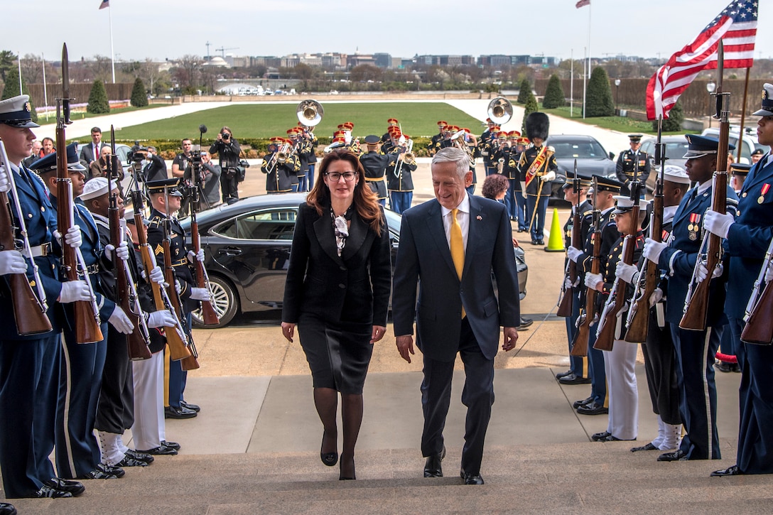 Defense Secretary James N. Mattis walks up steps leading to the Pentagon with Slovenian Defense Minister Andreja Katič.