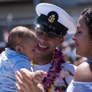 PEARL HARBOR, Hawaii April 6, 2018) The Los Angeles-class fast-attack submarine USS Bremerton (SSN 698) returns to Joint Base Pearl Harbor-Hickam following a six-month Western Pacific deployment, April 6. (U.S. Navy photo by Mass Communication Specialist 1st Class Daniel Hinton/ Released)
