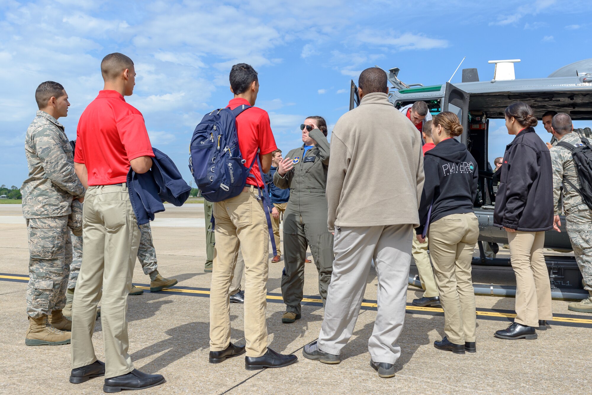 U.S. Air Force 2nd Lt. Rachel Matson, 23rd Flying Training Squadron pilot, Fort Rucker, Alabama, talks to Air Force ROTC cadets from the University of Puerto Rico, Pio Piedras, about flight operations during Pathways to Blue April 6, 2018, on Keesler Air Force Base, Mississippi. Cadets received an orientation flight along with hands-on briefings on technical and flying operations in support of the Air Force’s Diversity Strategic Roadmap program. Keesler was home to 280 cadets from 15 universities April 6-7 as part of Pathways to Blue, a diversity outreach event hosted by the 2nd Air Force.  (U.S. Air Force photo by Andre’ Askew)
