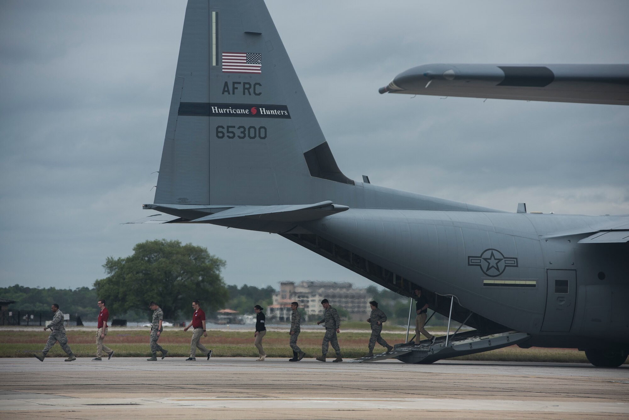 Air Force ROTC cadets unload off of a MC-130J Commando II after receiving an incentive flight during Pathways to Blue April 6, 2018, on Keesler Air Force Base, Mississippi. Cadets received an orientation flight along with hands-on briefings on technical and flying operations in support of the Air Force’s Diversity Strategic Roadmap program. The event provided more than 280 cadets from 15 different colleges and universities a chance to receive hands-on demonstrations of various career fields. (U.S. Air Force photo by Senior Airman Travis Beihl)