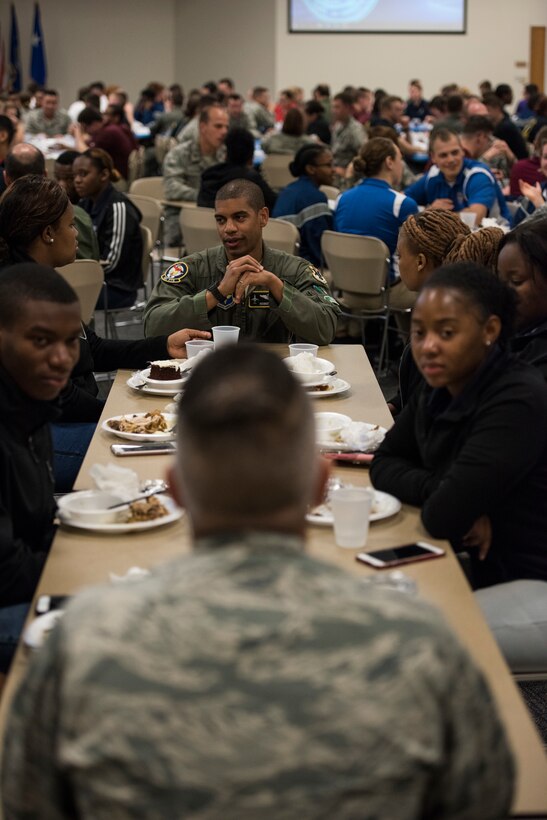 Mentors talk to Air Force ROTC cadets during a speed mentoring session during Pathways to Blue April 6, 2018, on Keesler Air Force Base, Mississippi. During the session, cadets and Airmen were able to ask questions to multiple officers about what their job entails and what they should expect if they pursue that path. The event provided more than 280 cadets from 15 different colleges and universities a chance to receive hands-on demonstrations of various career fields. (U.S. Air Force photo by Senior Airman Travis Beihl)