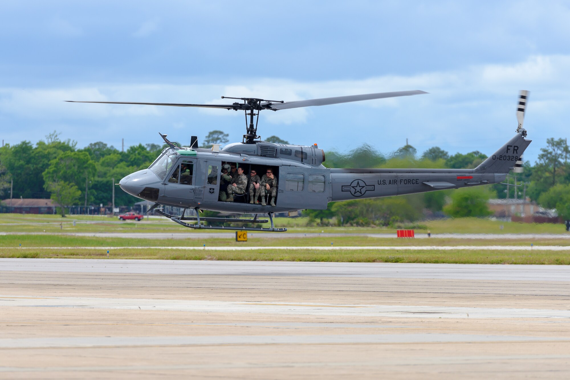 Air Force ROTC cadets from the University of Southern Mississippi ride in a TH-1H helicopter as part of Pathways to Blue April 7, 2018, on Keesler Air Force Base, Mississippi. Cadets received an orientation flight along with hands-on briefings on technical and flying operations in support of the Air Force’s Diversity Strategic Roadmap program. Keesler was home to 280 cadets from 15 universities April 6-7 as part of Pathways to Blue, a diversity outreach event hosted by the 2nd Air Force.  (U.S. Air Force photo by Andre’ Askew)