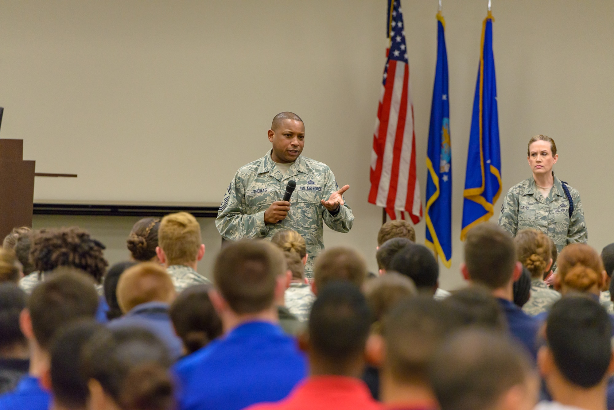 U.S. Air Force Chief Master Sgt. Farrell Thomas, 2nd Air Force command chief master sergeant, mentors Air Force ROTC cadets as part of the senior enlisted panel held during Pathways to Blue April 7, 2018, on Keesler Air Force Base, Mississippi. Keesler was home to 280 cadets from 15 universities April 6-7 as part of Pathways to Blue, a diversity outreach event hosted by the 2nd Air Force.  (U.S. Air Force photo by Andre’ Askew)