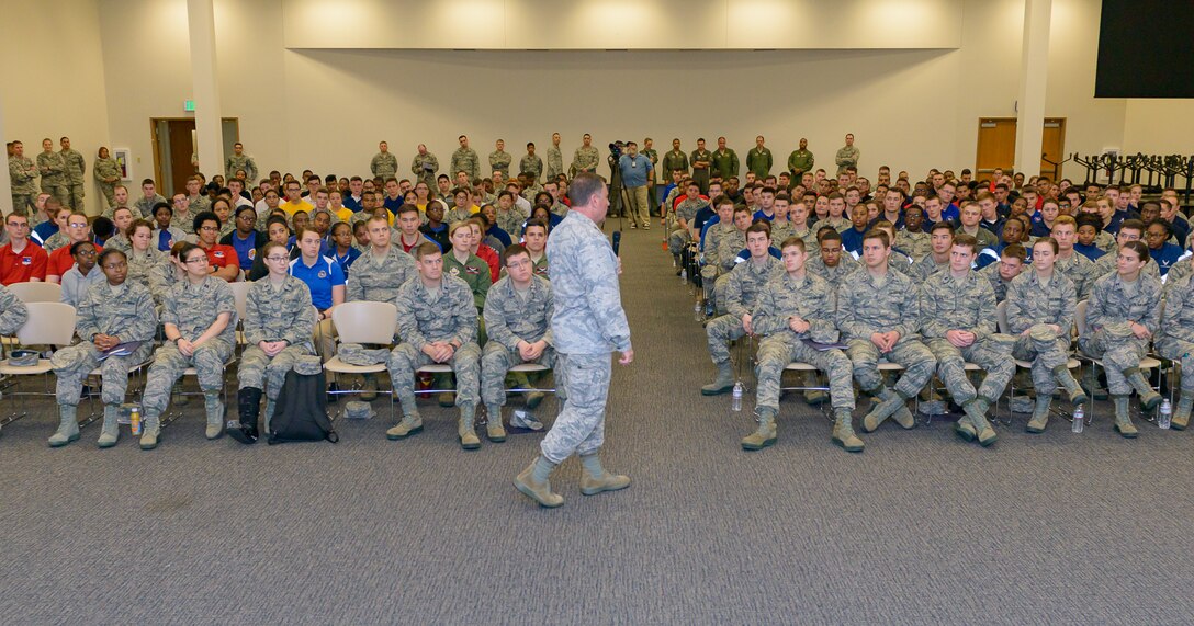 U.S. Air Force Maj. Gen. Timothy Leahy, 2nd Air Force commander, delivers the closing remarks to Air Force ROTC cadets and enlisted airmen during Pathways to Blue April 7, 2018, on Keesler Air Force Base, Mississippi. Keesler was home to 280 cadets from 15 universities April 6 - 7 as part of Pathways to Blue, a diversity outreach event hosted by the 2nd Air Force.  (U.S. Air Force photo by Andre’ Askew)