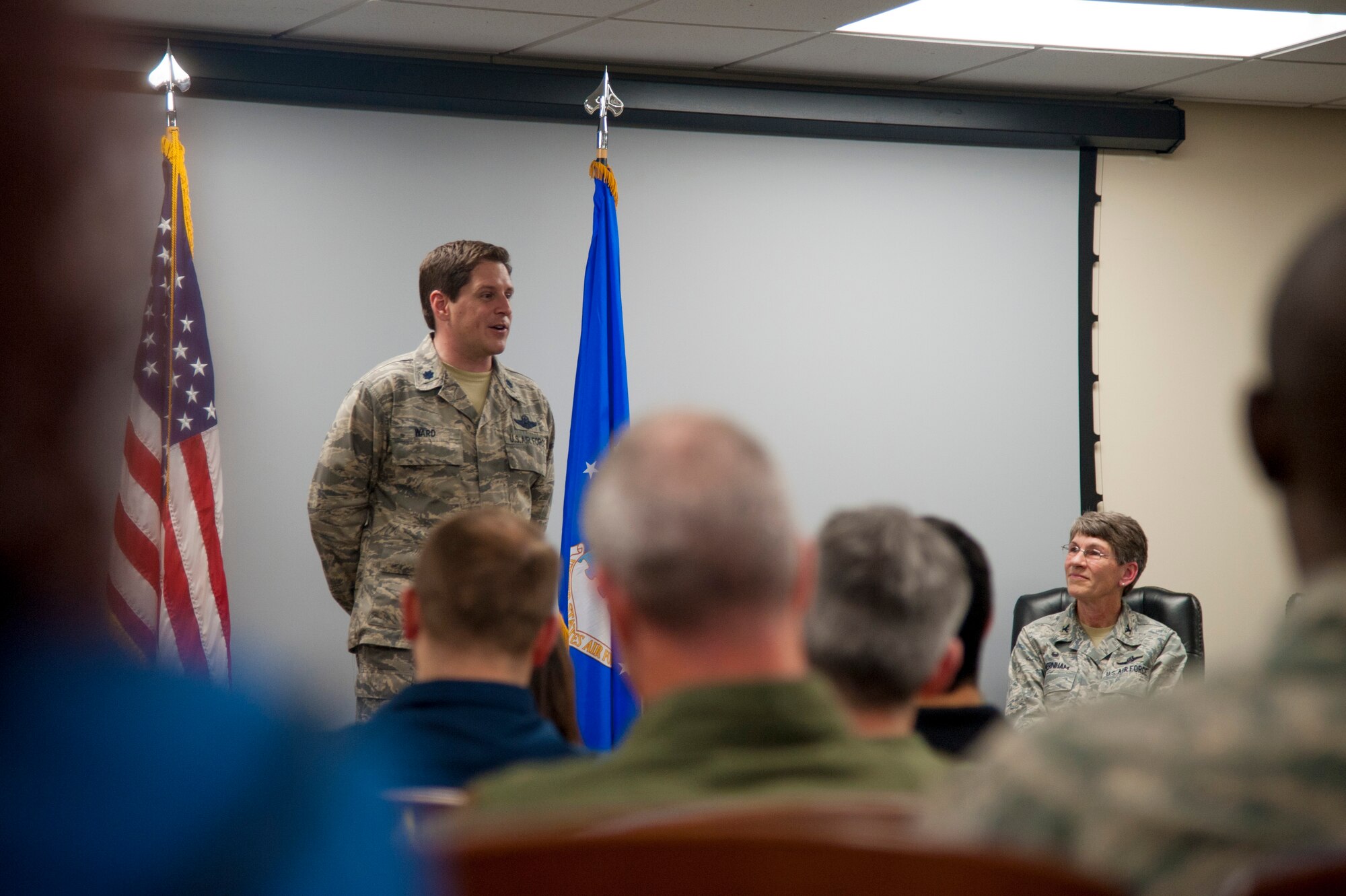 Lt. Col. Benjamin Ward addresses members of the 927th OSS following his acceptance of their command. The ceremony was held during the Unit Training Assembly. (U.S. Air Force photo by Staff Sgt. Nicholas Monteleone)