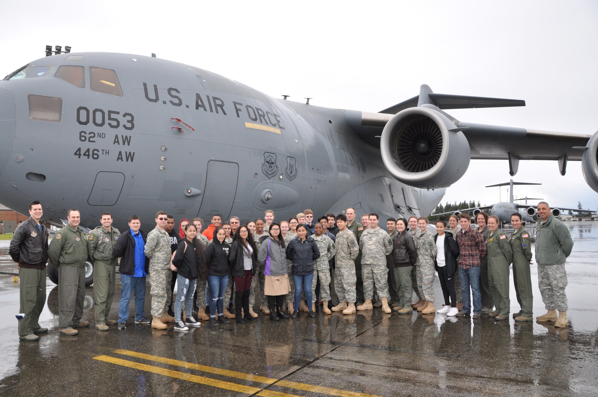 Reynolds High School Army JROTC visited the Rainier Wing to learn about the Team McChord mission on April 7, 2018. (U.S. Air Force by 1st Lt. Alysa Hudyma)