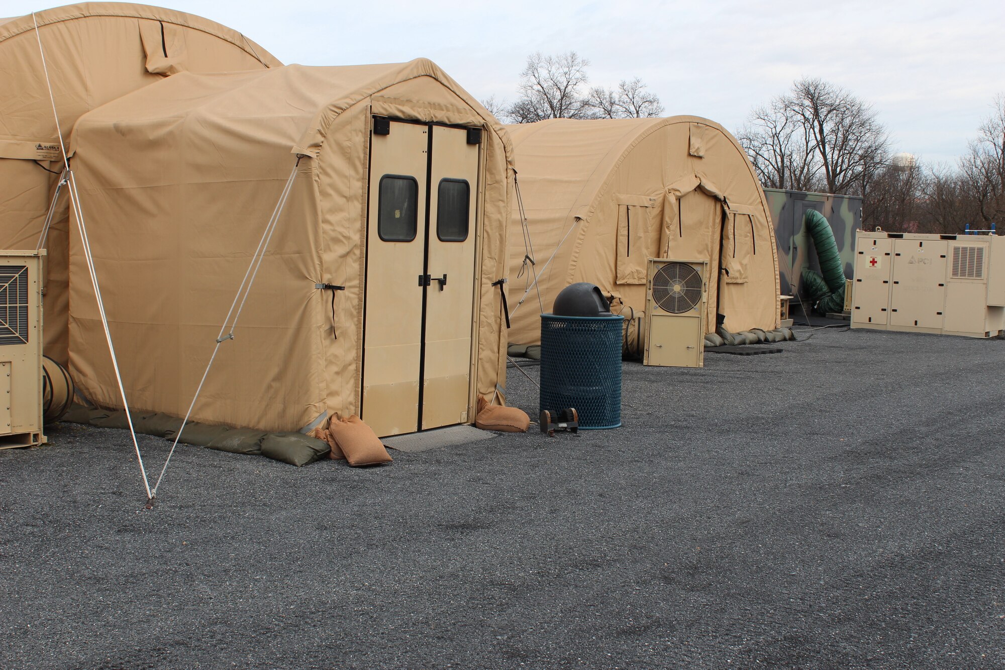 A 10-bed Expeditionary Medical Support Hospital (EMEDS+10) set up at the Air Force Medical Evaluation Support Activity testing facility at Ft. Detrick, Md. AFMESA tests medical devices to ensure they will work in the field and survive the rigors of deployment. Many devices tested by AFMESA are used in EMEDS facilities, making it a critical testing location. (U.S. Air Force photo by Shireen Bedi)