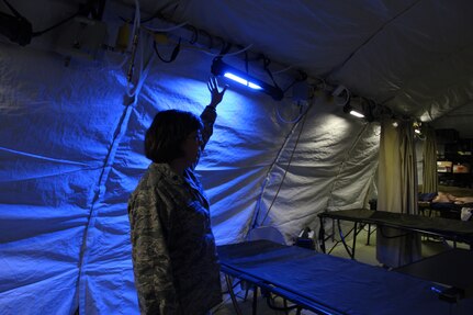 An aeromedical evacuation test pad at the Air Force Medical Evaluation Support Activity testing facility at Ft. Detrick, Md. AFMESA tests medical devices to ensure they will work in the field and survive the rigors of deployment. This test pad helps test whether medical devices can operate effectively during flight. (U.S. Air Force photo by Shireen Bedi)