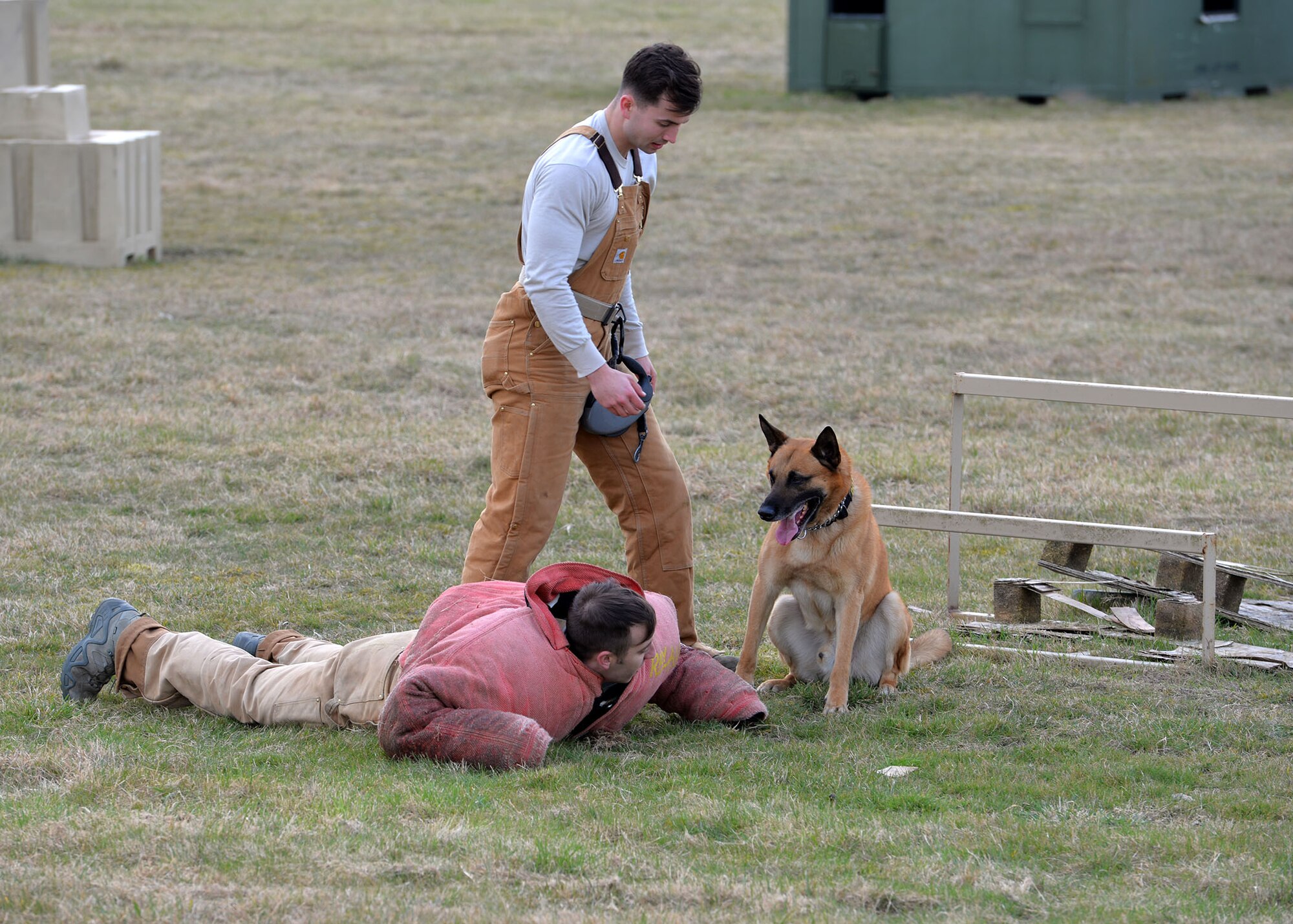 Military Working Dog Tomi, 100th Security Forces Squadron MWD, guards a decoy under the control of U.S. Air Force Senior Airman Camron Quaranto at RAF Mildenhall, England, March 26, 2018. The training was conducted with British Army soldiers from the 1st MWD Regiment, Royal Army Veterinary Corps, who visited RAF Mildenhall to train alongside the 100th SFS MWDs and handlers to share expertise and learn from each other. (U.S. Air Force photo by Karen Abeyasekere)