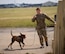 British Army Lance Cpl Brett Brian William France, 1st Military Working Dog Regiment MWD handler, conducts tracker training with a British Army military working dog at RAF Mildenhall, England, March 26, 2018.  The 100th Security Forces Squadron Military Working Dog section trained with the British Army handlers in order to exchange training methods. (U.S. Air Force photo by Senior Airman Luke Milano)