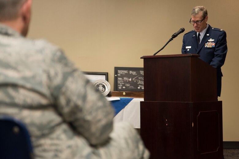 Retired Col. Mark W. Anderson, former Commander 188th Wing, presides over the retirement ceremony for Col. Thomas Smith, Joint Force Headquarters Command Chaplain at Fort Smith, AR., Apr. 07, 2018. (U.S. Air National Guard photo by Tech. Sgt. Daniel Condit)
