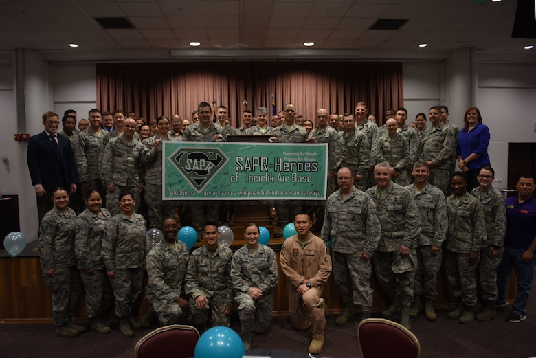U.S. Air Force Airmen signed a pledge to “never leave a wingman behind” in honor of Sexual Assault Awareness and Prevention Month at Incirlik Air Base, Turkey, April 5, 2018.  The pledge reminded service members to be vigilant, not only during SAAPM month, but year-round. (U.S. Air Force photo by Senior Airman Kristan Campbell)