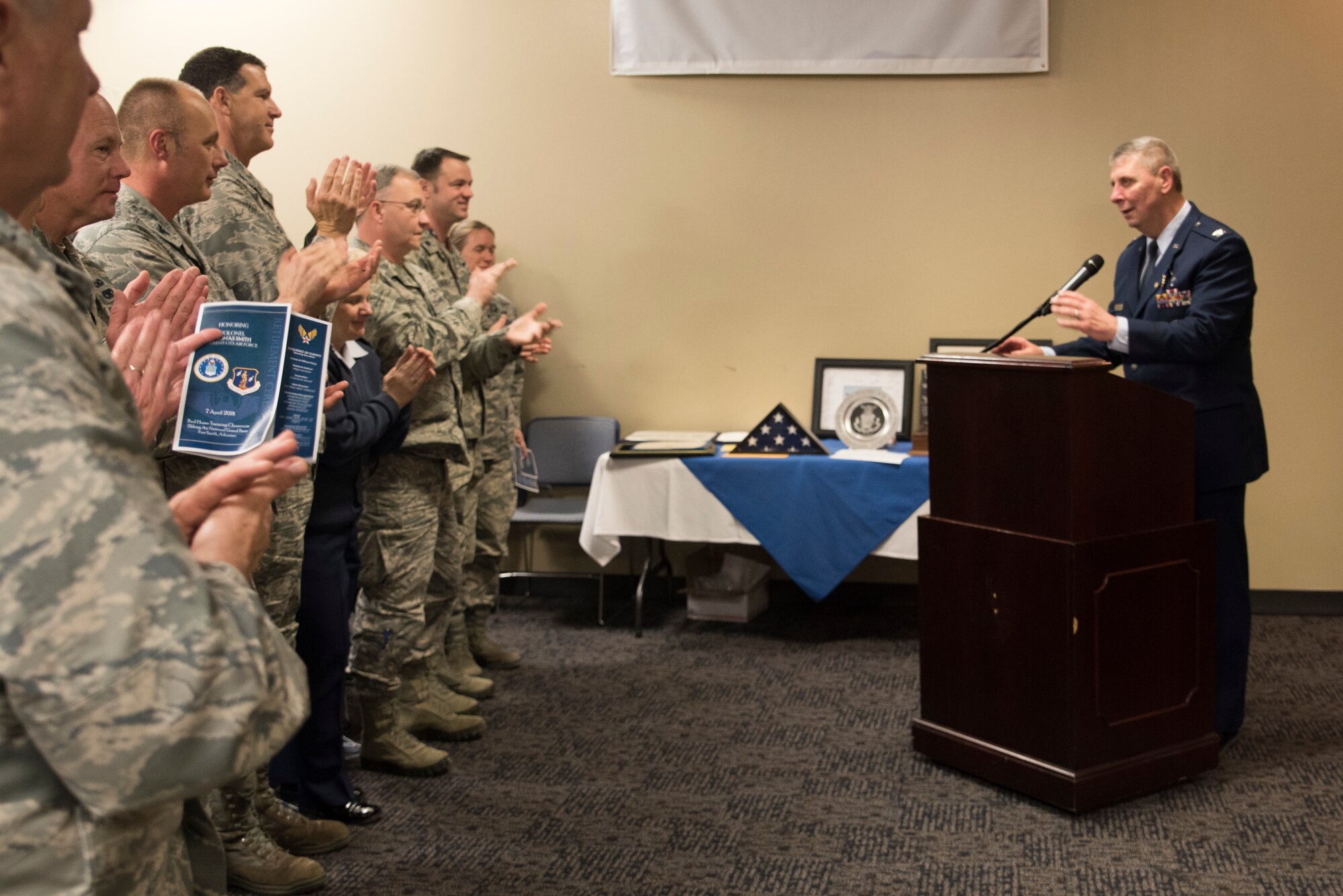 Newly retired Col. Thomas Smith, former Joint Force Headquarters Command Chaplain, addresses members of the 188th Wing during his retirement ceremony at Fort Smith, AR., Apr. 07, 2018. (U.S. Air National Guard photo by Tech. Sgt. Daniel Condit)