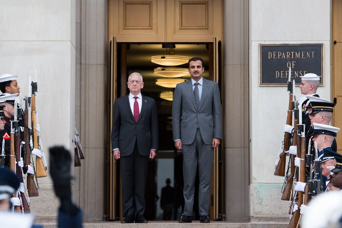 Defense Secretary James N. Mattis stands with Sheikh Tamim bin Hamad Al Thani, emir of Qatar, outside the Pentagon.