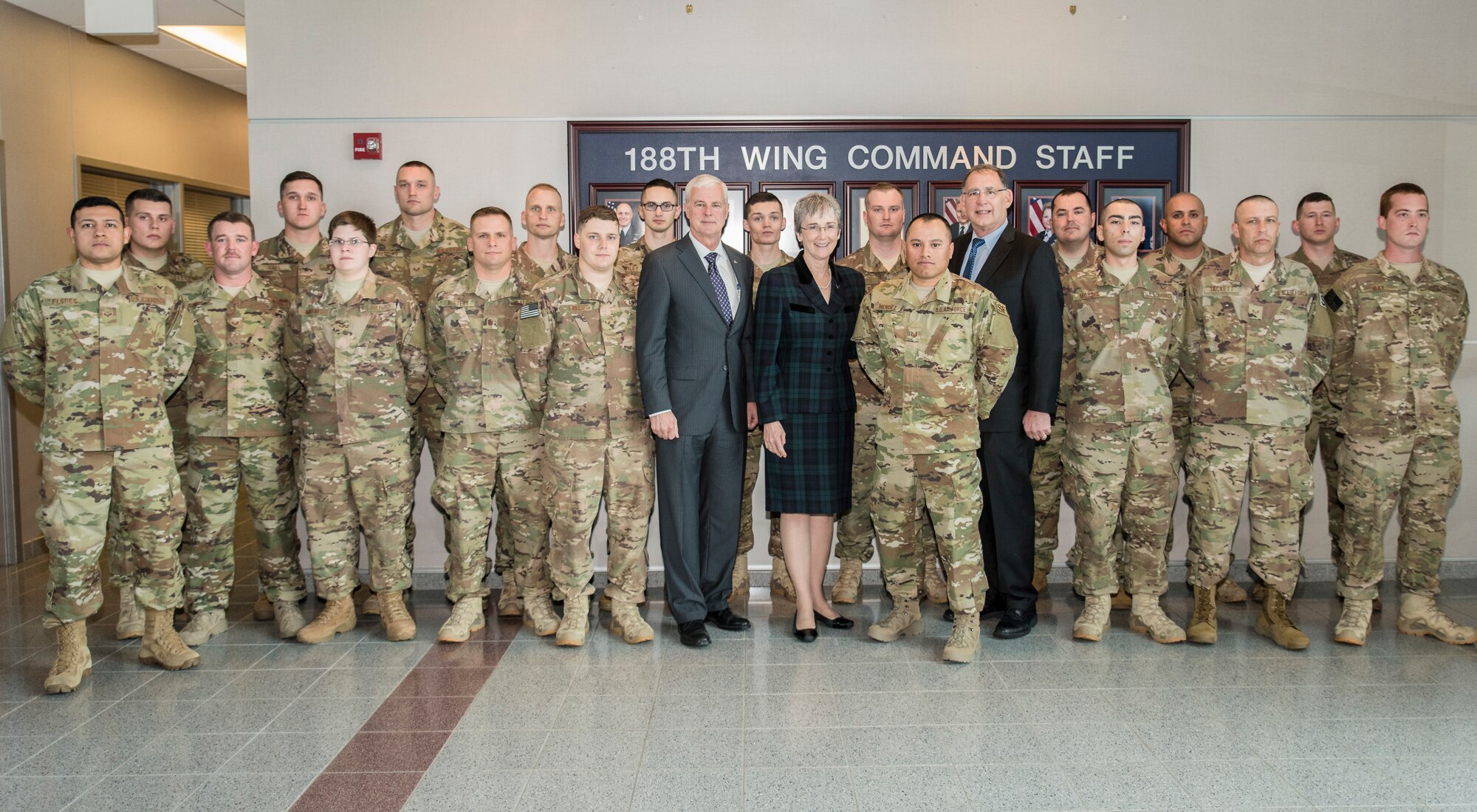 Members of the 188th Security Forces Squadron take a photo with Secretary of the Air Force Dr. Heather Wilson prior to deployment at Ebbing Air National Guard Base, Fort Smith, Ark., Mar. 26 , 2018.   The 188th Defenders  will be deploying in support of Operation Freedom's Sentinel, as part of the Air National Guard's federal mission to provide support during wartime operations.  (U.S. Air National Guard photo by Senior Airman Matthew Matlock)