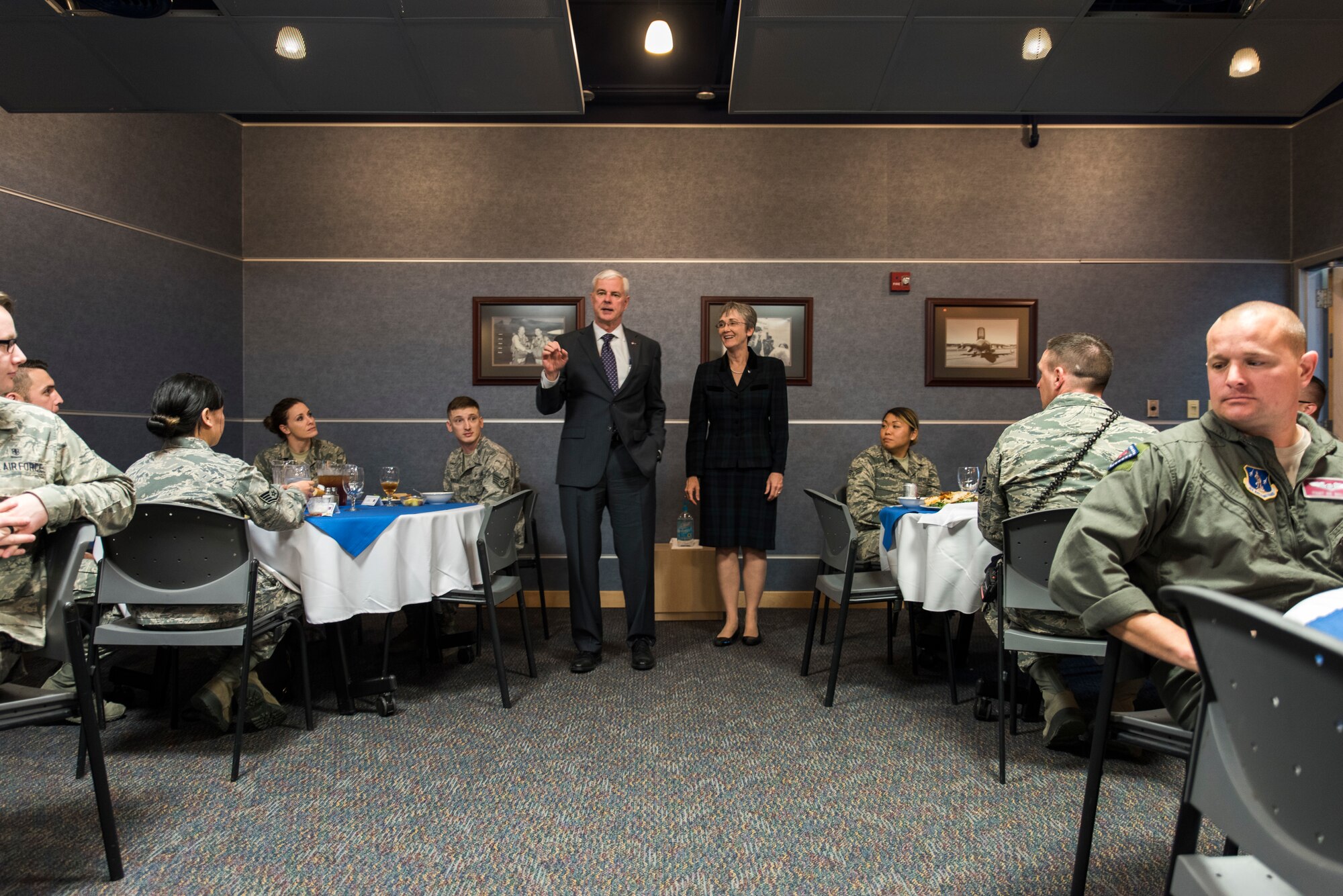Congressman Steve Womack (left) and Secretary of the Air Force Heather Wilson speak to airmen of the 188th Wing during a luncheon at Ebbing Air National Guard Base, Fort Smith, Ark., Mar. 26 , 2018.  Wilson’s visit to the 188th Wing marks her first tour of the wing's missions since becoming the SECAF. (U.S. Air National Guard photo by Senior Airman Matthew Matlock)