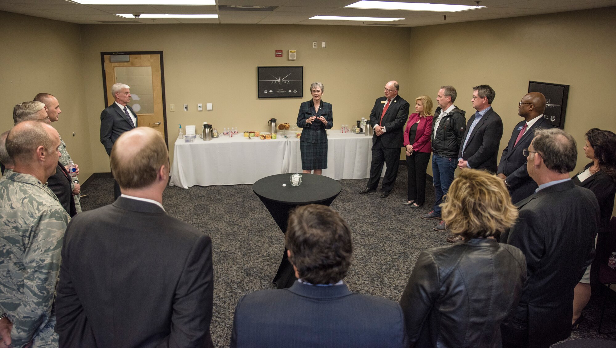 Secretary of the Air Force Heather Wilson speaks during a meet and greet with civil leaders of Fort Smith at Ebbing Air National Guard Base, Fort Smith, Ark., Mar. 26 , 2018.  Wilson spoke highly of the Wing’s success and thank civil leaders for their perpetual support.  (U.S. Air National Guard photo by Senior Airman Matthew Matlock)
