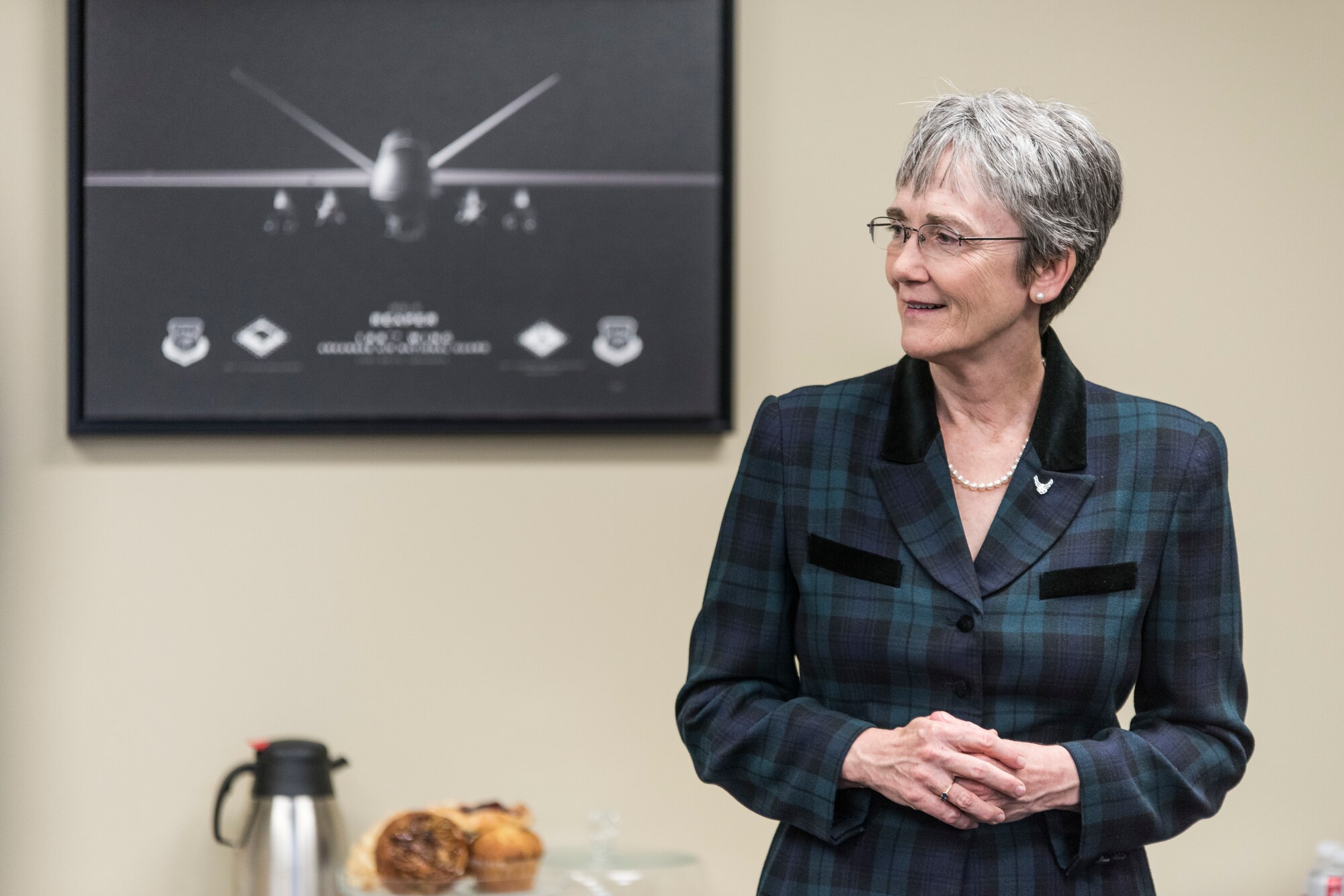 Secretary of the Air Force Heather Wilson speaks during a meet and greet with civil leaders of Fort Smith at Ebbing Air National Guard Base, Fort Smith, Ark., Mar. 26 , 2018.  Wilson spoke highly of the Wing’s success and thank civil leaders for their perpetual support.  (U.S. Air National Guard photo by Senior Airman Matthew Matlock)