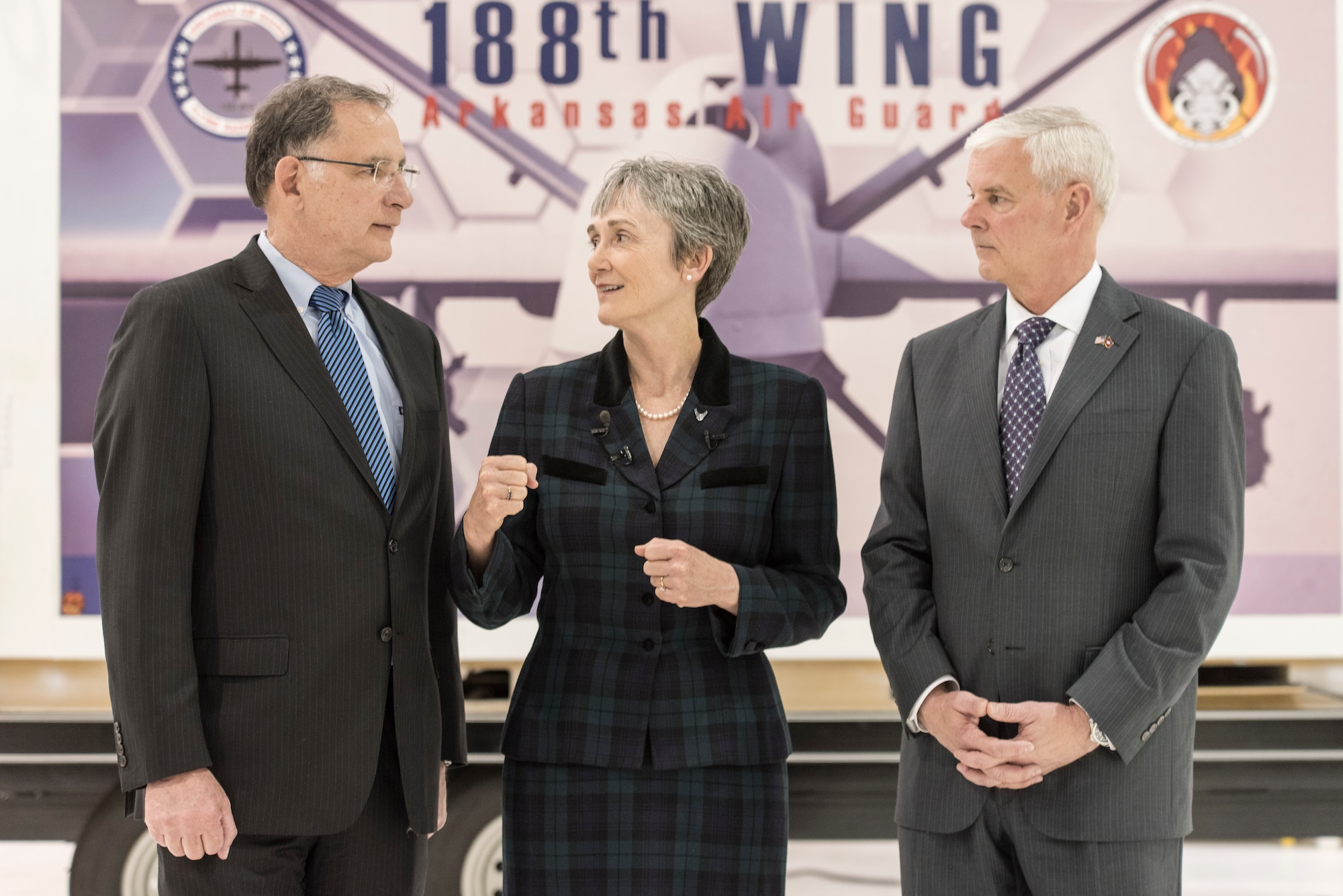 Senator John Boozman (left), Secretary of the Air Force Heather Wilson, Congressman Steve Womack answer local media questions at Ebbing Air National Guard Base, Fort Smith, Ark., Mar. 26 , 2018.  Wilson discussed the importance of the 188th's mission sets, and how the future of the Air Force looks a whole lot like operations going on there. (U.S. Air National Guard photo by Senior Airman Matthew Matlock)