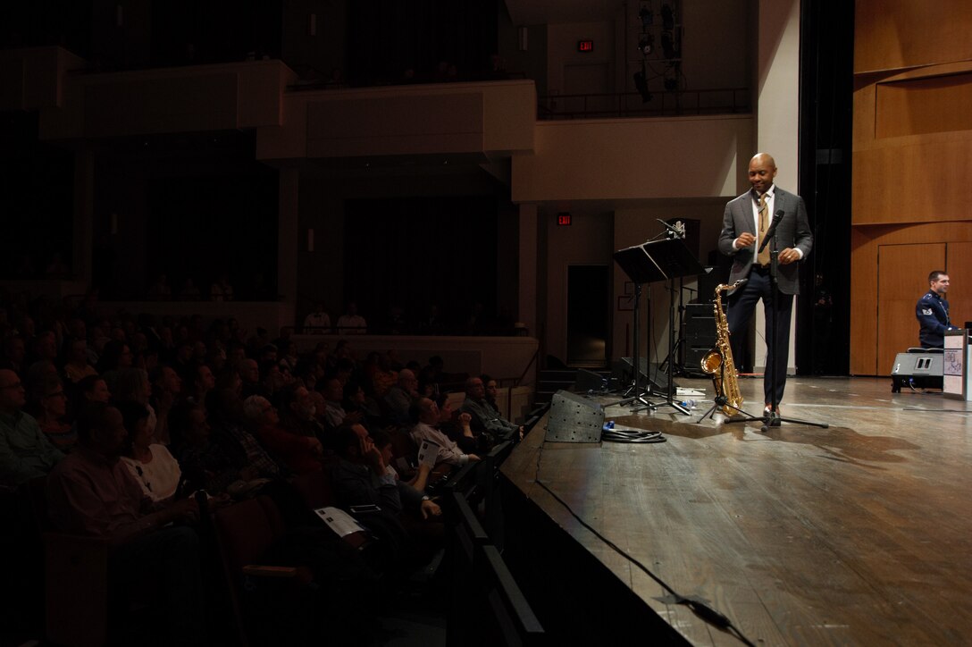 Legendary saxophonist Branford Marsalis sat in as the season's final guest with Airmen of Note April 5 at the Rachel M. Schlesinger Concert Hall and Arts Center on Northern Virginia Community College’s Alexandria campus. Each month, The Air Force Band's premiere jazz ensemble welcomes a jazz artist to sit in with the troupe and bring a unique concert opportunity to the public.