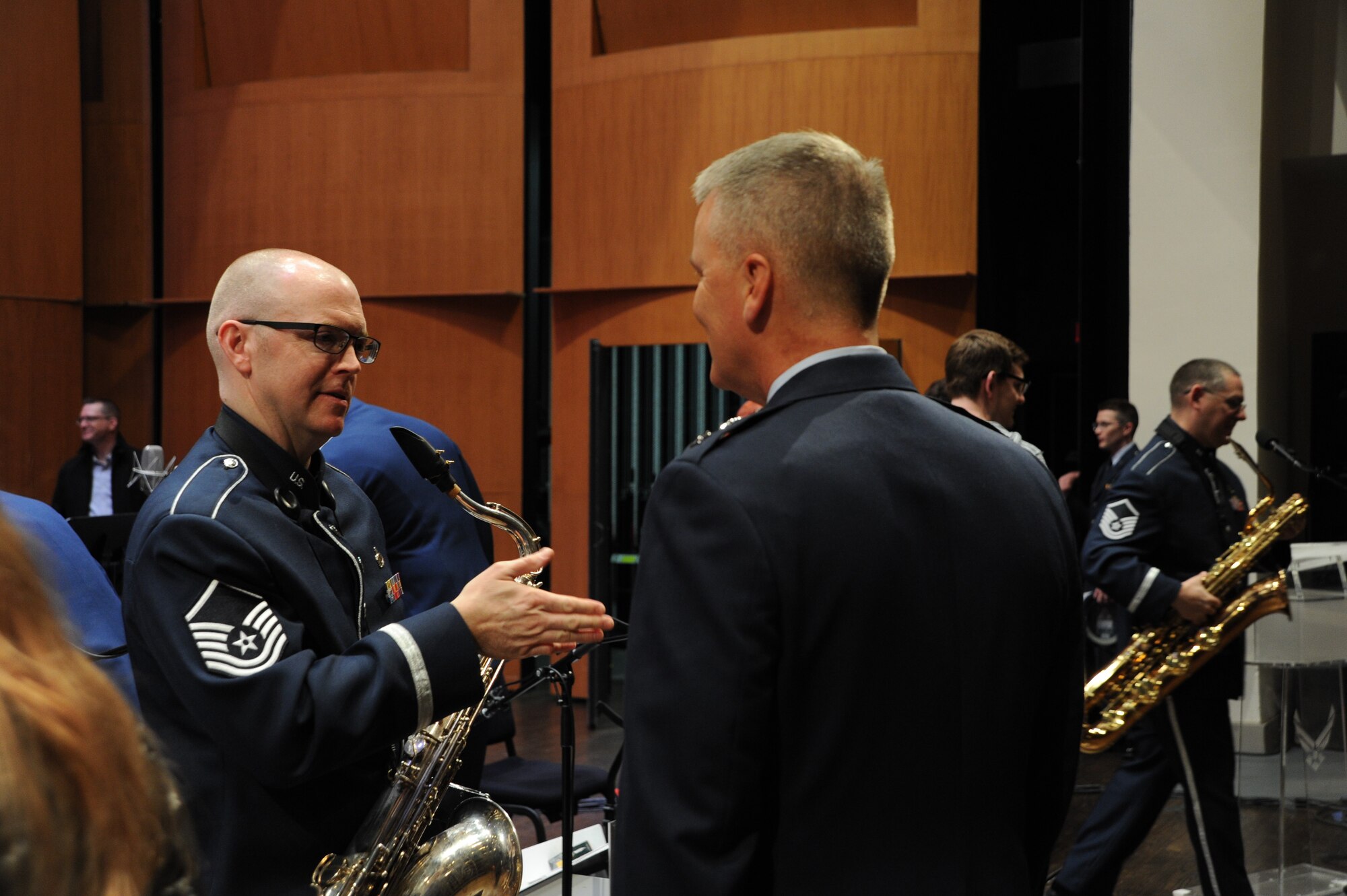 Legendary saxophonist Branford Marsalis sat in as the season's final guest with Airmen of Note April 5 at the Rachel M. Schlesinger Concert Hall and Arts Center on Northern Virginia Community College’s Alexandria campus. Each month, The Air Force Band's premiere jazz ensemble welcomes a jazz artist to sit in with the troupe and bring a unique concert opportunity to the public.