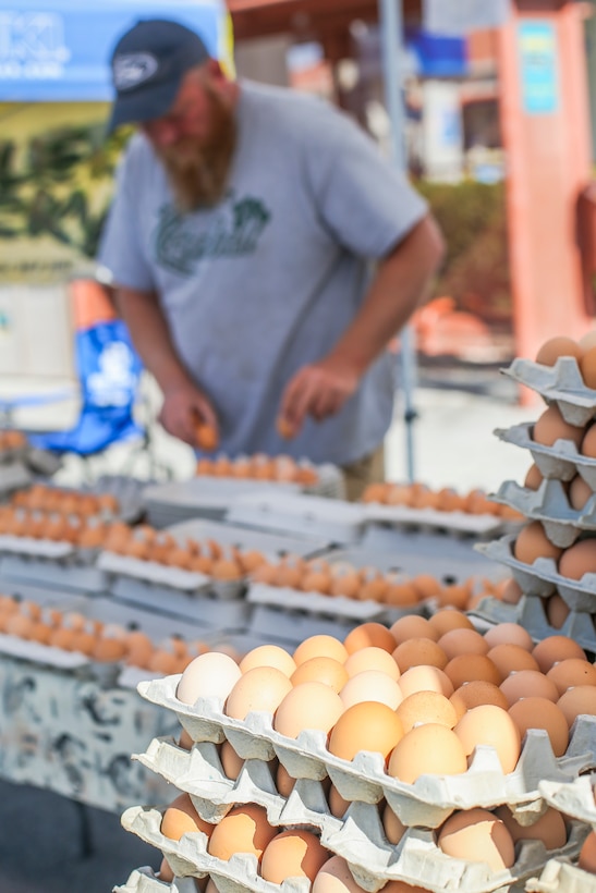 Roger Thomas, co-owner, Thomas Farms, places eggs from his farm into dozen batches in preparation to sell during the 18th Annual Car Show and Street Fair, which was hosted by the Twentynine Palms Chamber of Commerce in Twentynine Palms, Calif., March 31, 2018. The annual event is used to bring the community of Twentynine Palms and the Marine Corps Air Ground Combat Center, located in Twentynine Palms, together as well as support local businesses. (U.S. Marine Corps photo by Lance Cpl. Rachel K. Porter)