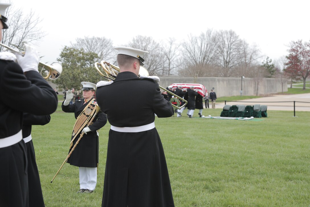 On April 9, 2018, the Marine Band participated in the funeral and repatriation ceremony for World War II casualty Pvt. Edwin Jordan, USMC. Pvt. Jordan was killed in action on Nov. 20, 1943 during the Battle of Tarawa in the central Pacific Ocean. In July 2017, History Flight, a private organization, excavated what was believed to be a wartime fighting position on the small island of Betio in the Tarawa Atoll of the Gilbert Islands. The Defense POW/MIA Accounting Agency used circumstantial evidence and forensic identification tools to identify Pvt. Jordan. His remains were returned to the United States and buried at Arlington National Cemetery with full military honors. (U.S. Marine Corps photo by Master Sgt. Kristin duBois/released)