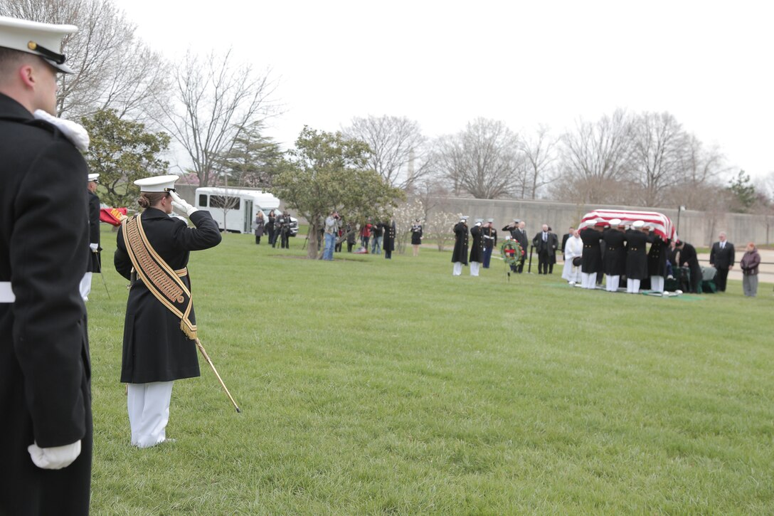 On April 9, 2018, the Marine Band participated in the funeral and repatriation ceremony for World War II casualty Pvt. Edwin Jordan, USMC. Pvt. Jordan was killed in action on Nov. 20, 1943 during the Battle of Tarawa in the central Pacific Ocean. In July 2017, History Flight, a private organization, excavated what was believed to be a wartime fighting position on the small island of Betio in the Tarawa Atoll of the Gilbert Islands. The Defense POW/MIA Accounting Agency used circumstantial evidence and forensic identification tools to identify Pvt. Jordan. His remains were returned to the United States and buried at Arlington National Cemetery with full military honors. (U.S. Marine Corps photo by Master Sgt. Kristin duBois/released)