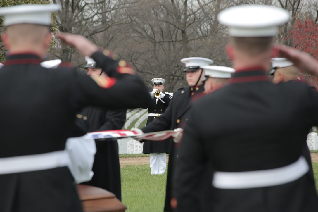 On April 9, 2018, the Marine Band participated in the funeral and repatriation ceremony for World War II casualty Pvt. Edwin Jordan, USMC. Pvt. Jordan was killed in action on Nov. 20, 1943 during the Battle of Tarawa in the central Pacific Ocean. In July 2017, History Flight, a private organization, excavated what was believed to be a wartime fighting position on the small island of Betio in the Tarawa Atoll of the Gilbert Islands. The Defense POW/MIA Accounting Agency used circumstantial evidence and forensic identification tools to identify Pvt. Jordan. His remains were returned to the United States and buried at Arlington National Cemetery with full military honors. (U.S. Marine Corps photo by Master Sgt. Kristin duBois/released)