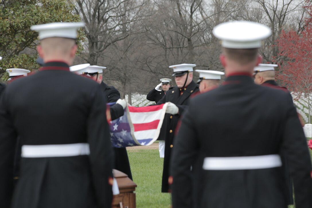 On April 9, 2018, the Marine Band participated in the funeral and repatriation ceremony for World War II casualty Pvt. Edwin Jordan, USMC. Pvt. Jordan was killed in action on Nov. 20, 1943 during the Battle of Tarawa in the central Pacific Ocean. In July 2017, History Flight, a private organization, excavated what was believed to be a wartime fighting position on the small island of Betio in the Tarawa Atoll of the Gilbert Islands. The Defense POW/MIA Accounting Agency used circumstantial evidence and forensic identification tools to identify Pvt. Jordan. His remains were returned to the United States and buried at Arlington National Cemetery with full military honors. (U.S. Marine Corps photo by Master Sgt. Kristin duBois/released)