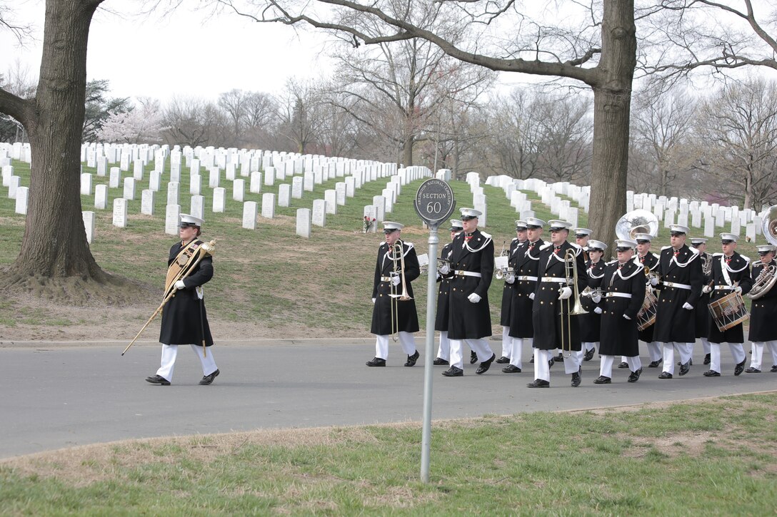 On April 9, 2018, the Marine Band participated in the funeral and repatriation ceremony for World War II casualty Pvt. Edwin Jordan, USMC. Pvt. Jordan was killed in action on Nov. 20, 1943 during the Battle of Tarawa in the central Pacific Ocean. In July 2017, History Flight, a private organization, excavated what was believed to be a wartime fighting position on the small island of Betio in the Tarawa Atoll of the Gilbert Islands. The Defense POW/MIA Accounting Agency used circumstantial evidence and forensic identification tools to identify Pvt. Jordan. His remains were returned to the United States and buried at Arlington National Cemetery with full military honors. (U.S. Marine Corps photo by Master Sgt. Kristin duBois/released)