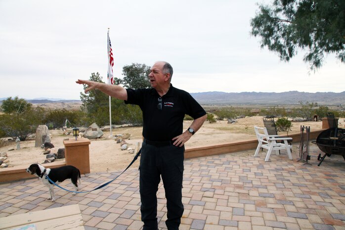 Father Michael McCullough, founder of the Desert Refuge for Peace Officers and Military Personnel, talks about the nonprofit organization's mission during a tour of the Joshua Tree, Calif., property March 7, 2018. McCullough is a Catholic priest and Los Angeles Police Department chaplain. (U.S. Marine Corps photo by Kelly O'Sullivan)
